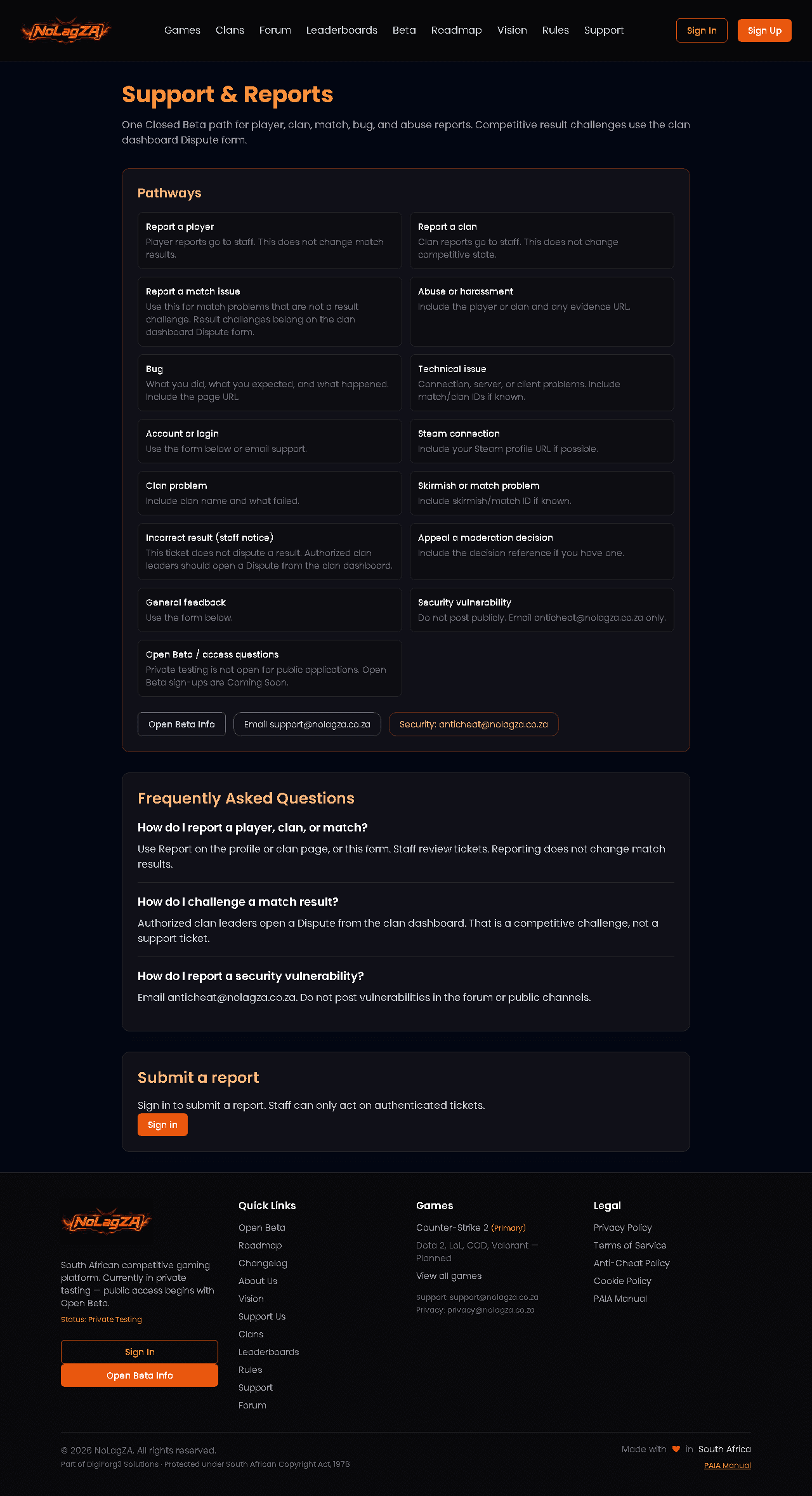 NoLagZA support and reporting